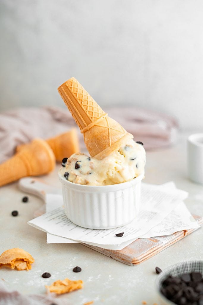 almond milk ice cream in a bowl with a cone