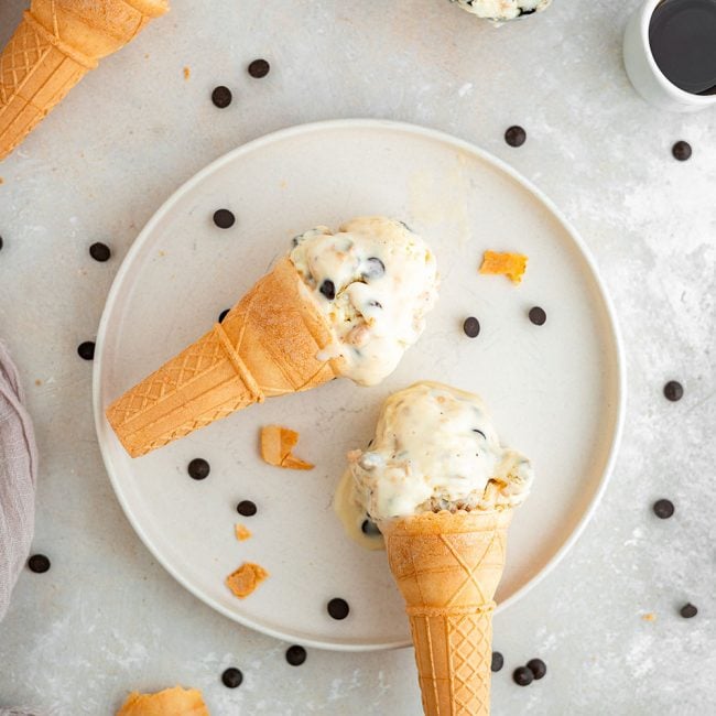 Almond milk ice cream cones on a plate