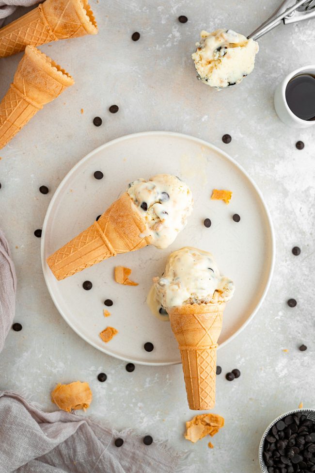 Almond milk ice cream cones on a plate