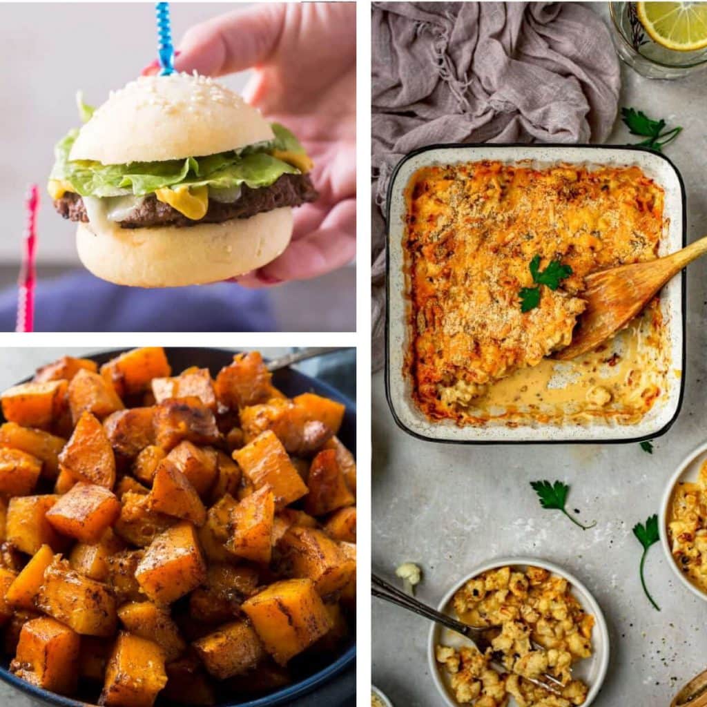 hamburger buns with mac and cheese and squash side dishes