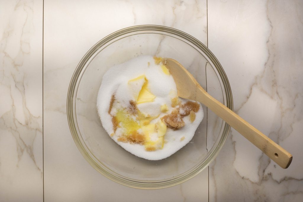 dry ingredients and butter mixed in a bowl