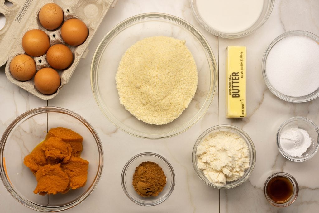 keto pumpkin muffins ingredients for keto pumpkin muffins on a table