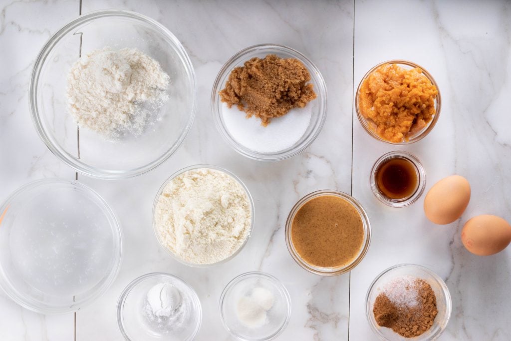 Keto Pumpkin Chocolate Chip Cookies ingredients for keto pumpkin chocolate chip cookies on a table