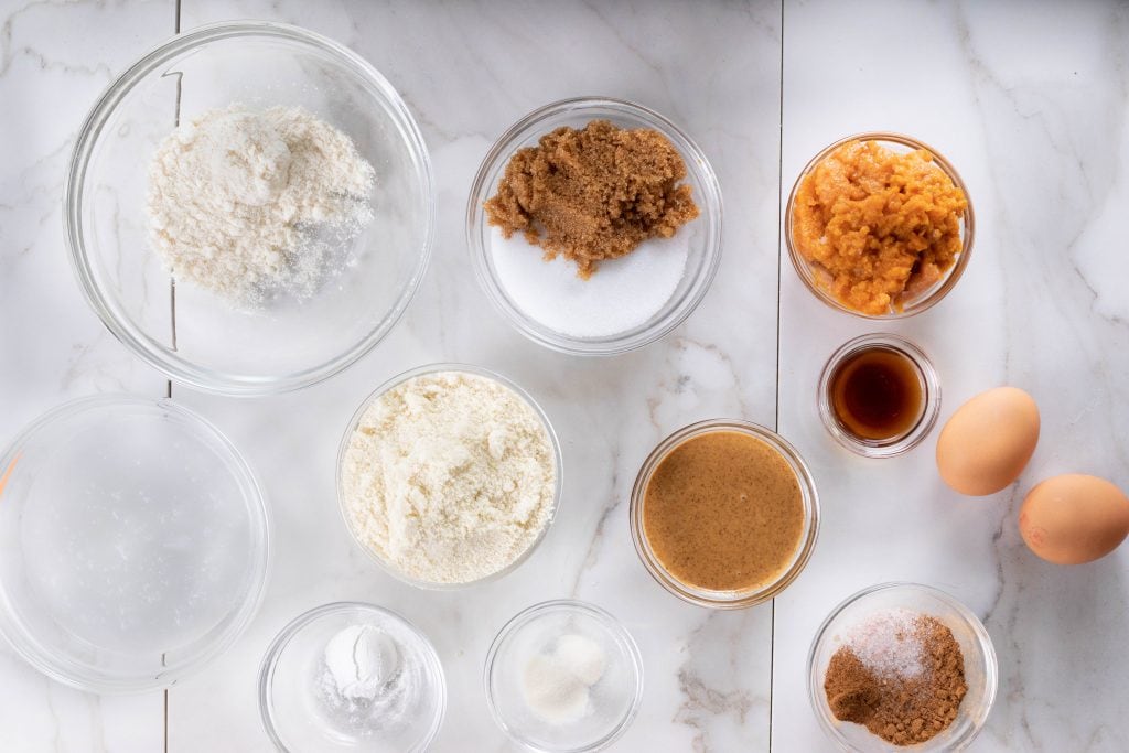 ingredients for keto pumpkin chocolate chip cookies on a table