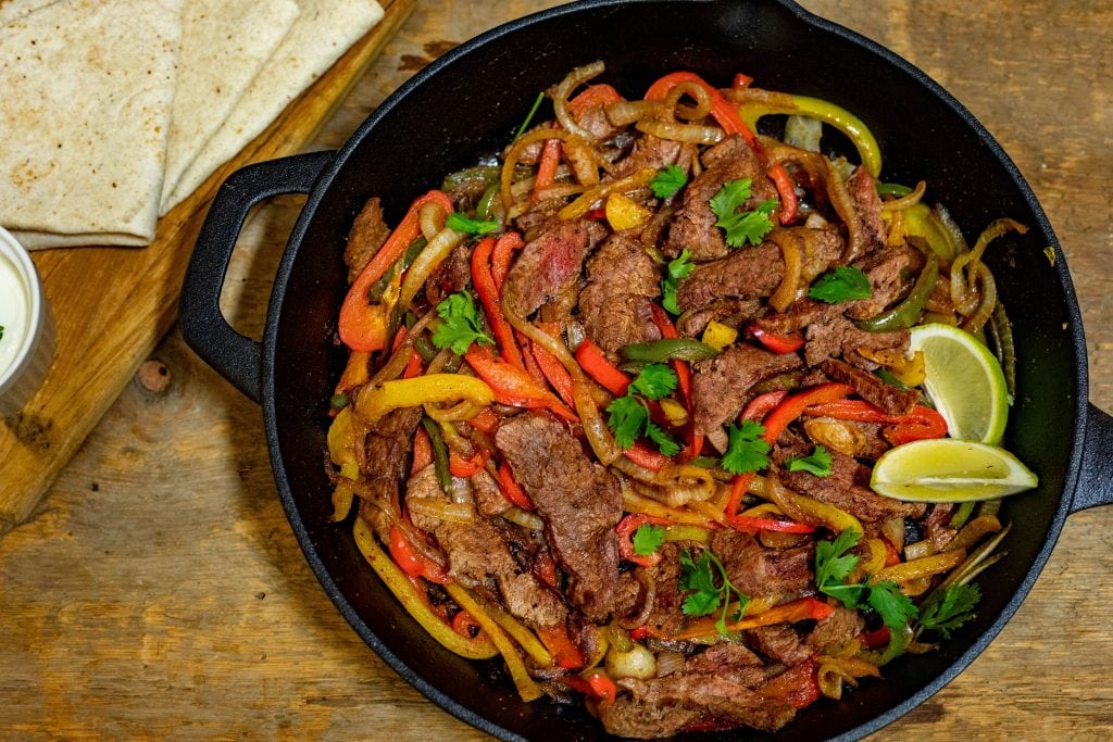 Overhead image of keto fajitas freshly cooked