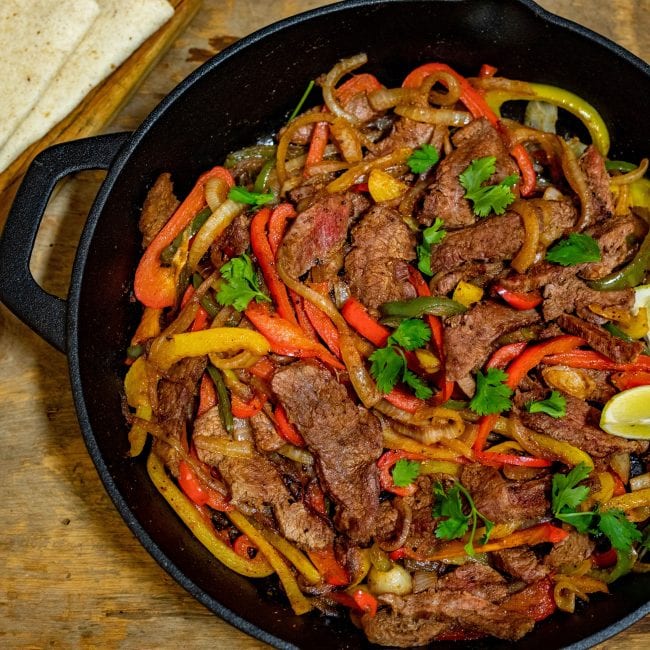 Overhead image of keto fajitas freshly cooked