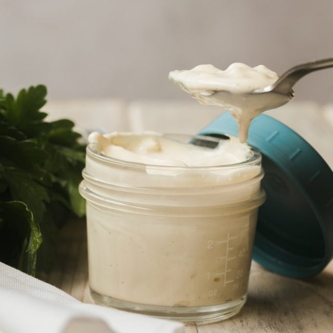 keto blue cheese dressing on a spoon