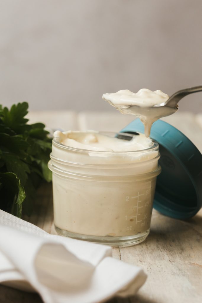 keto blue cheese dressing on a spoon