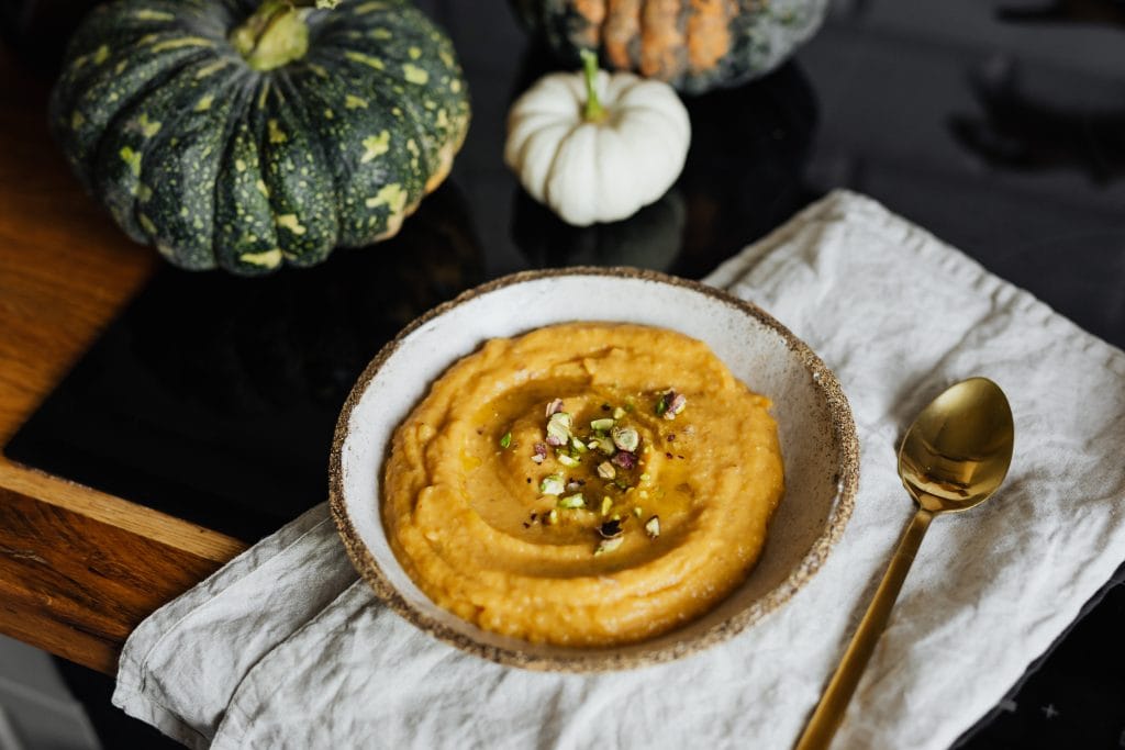 pumpkin puree on a dinner table with a napkin