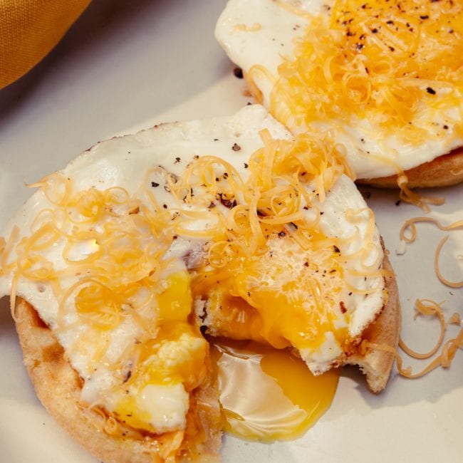 wonderbread chaffle with egg and cheddar cheese