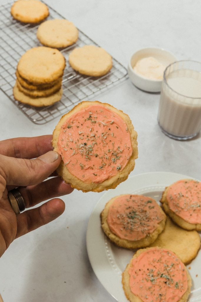 keto sugar cookies man's hand holding a sugar cookie