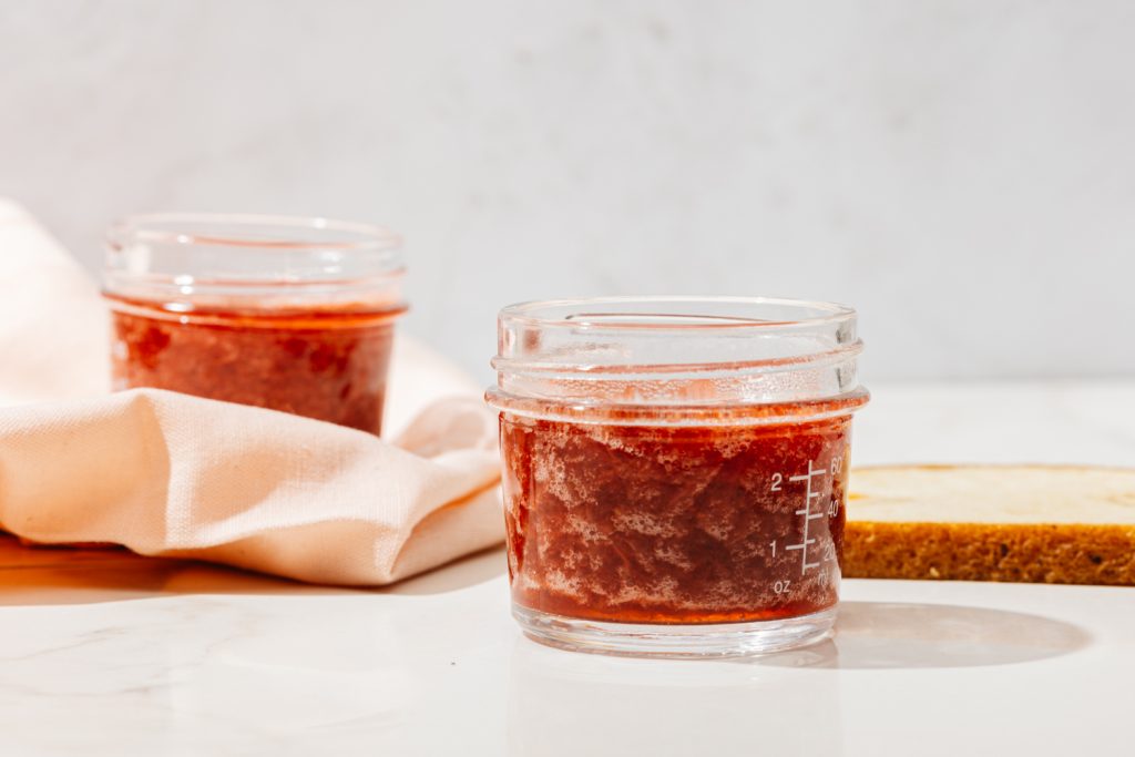 keto nosugar added strawberry jam in a glass jar