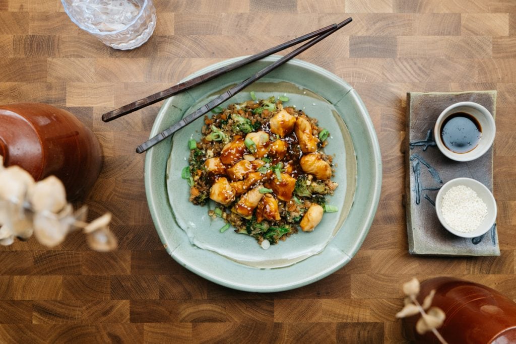 Keto Teriyaki Chicken served in a bowl with Teriyaki sauce