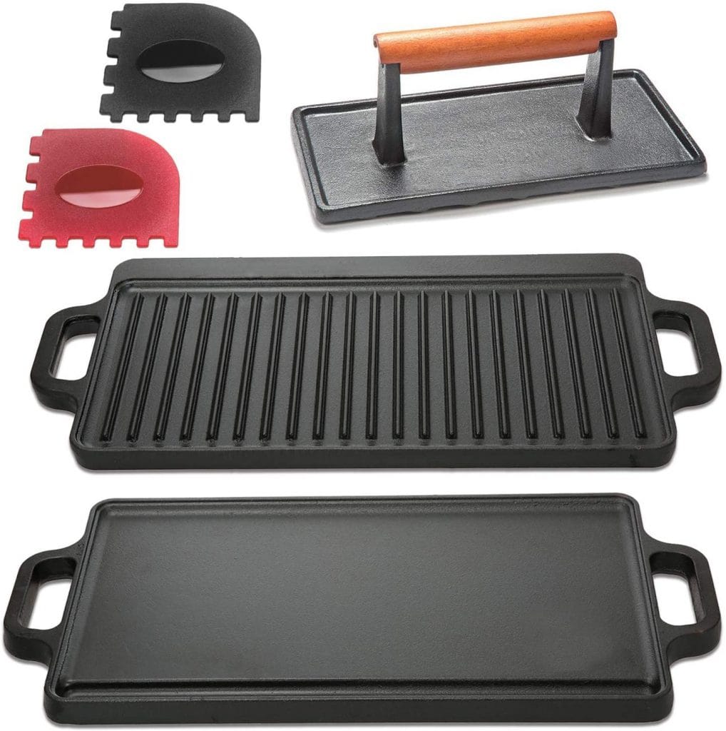 Basics Pre-Seasoned Cast Iron Reversible Rectangular Grill/Griddle,  Black, 20 x 10.39 x 0.98 inch