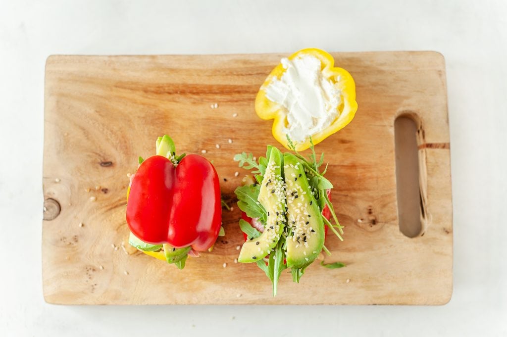 Layering ingredients for bell pepper sandwich