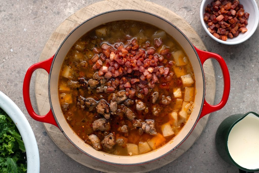 adding cooked meat to the broth