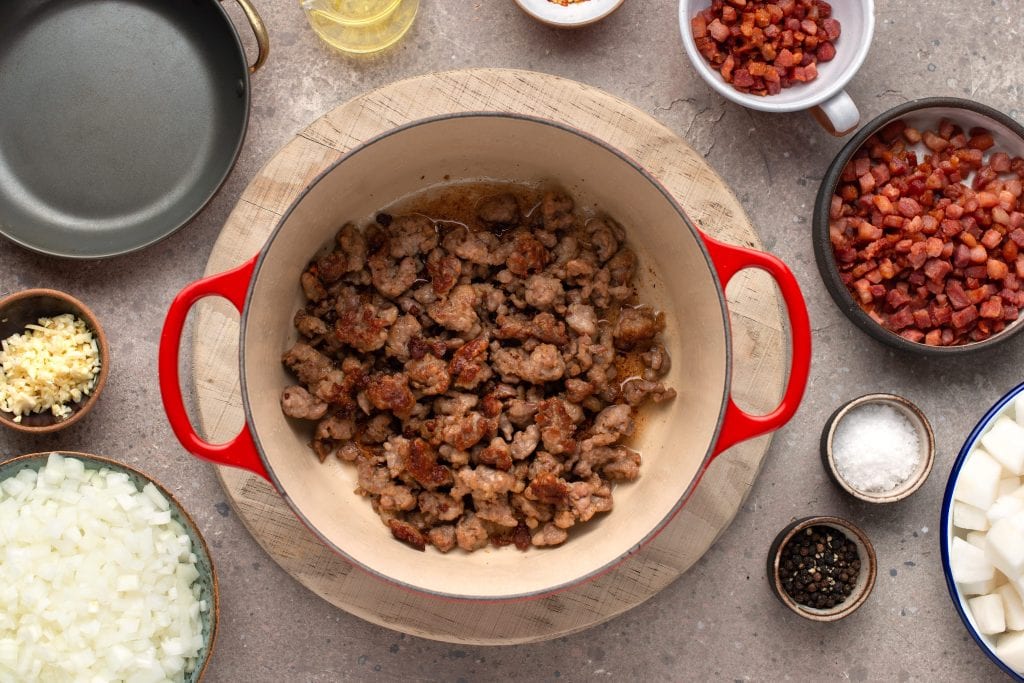 keto zuppa toscana cooking the sausage meat